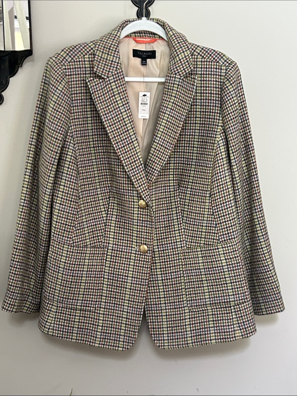 NWT Talbots Multi-Color Plaid Notched Blazer with Gold Buttons 14W